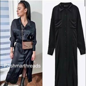 Zara black satin effect shirt dress